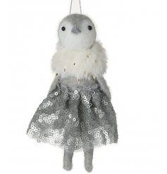 A charming hanging woollen penguin with a sequin skirt and faux fur collar 