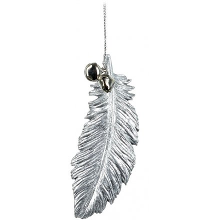 Hanging Silver Feather With Glitter, 9cm 