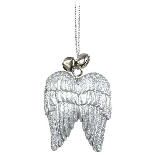 A silver toned polyresin wing hanging decoration with a glittery coating and silver jingle bell decal 