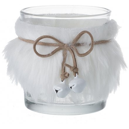 Candle Holder With Faux Fur And Bells, 8cm 