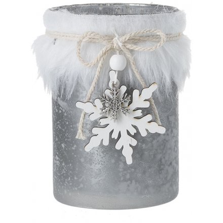 Faux fur Candle Pot With Snowflake, 12cm 