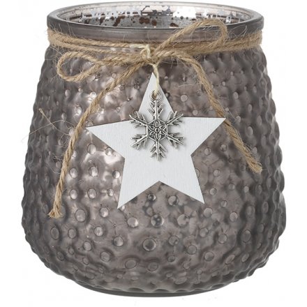 Grey Ridged Candle Pot With Star, 10cm 