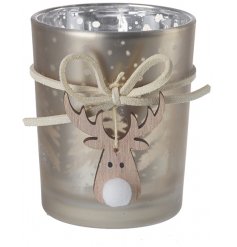 A champagne gold toned glass tlight holder with a faux suede ribbon and hanging wooden reindeer face 