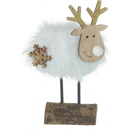 Wooden Deer On Log With White Fur Body