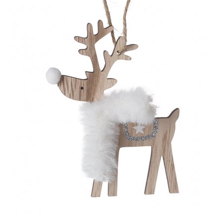 Wooden Reindeer With Fur Scarf