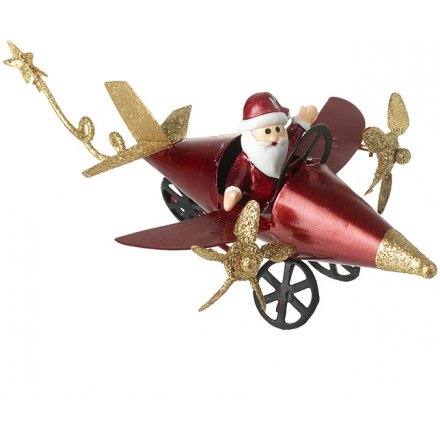 Golden Glitter Santa and Plane, 13cm 