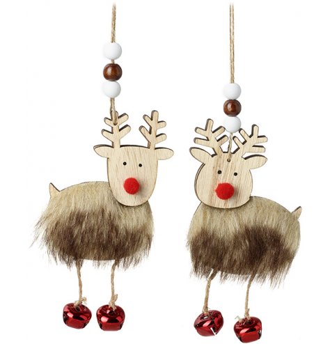 Two very cute hanging reindeer with neutral toned faux fur bodies and red bells hanging from jute.