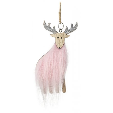Hanging Pink Faux Fur Reindeer, 12cm 