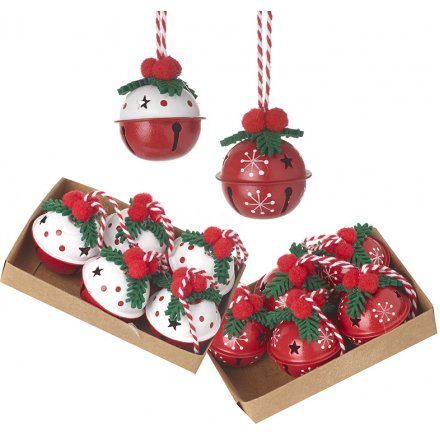 Hanging Red and White Holly Bells, 11cm 