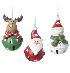 An assortment of festive themed jingling bells each decorated with a Snowman, Santa or Reindeer design 