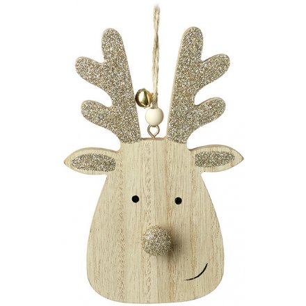 Hanging Wooden Reindeer With Glitter, 14cm 