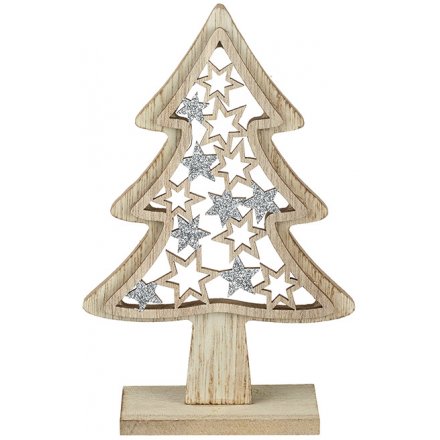 Standing Wooden Tree With Stars, 15cm 