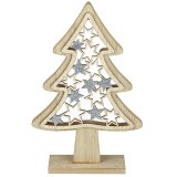 A natural toned wooden tree decoration with added cut stars and glittery extras 