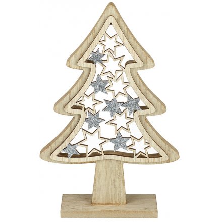 Wooden Tree With Silver Glitter Stars, Large