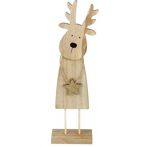 An adorable wooden reindeer Christmas decoration complete with a gold glitter star.