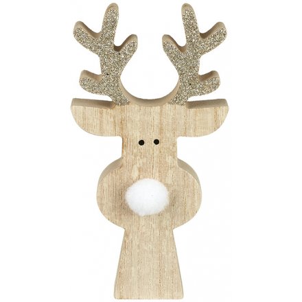 Wooden Reindeer With Pompom Nose, 15cm 