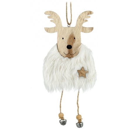 White Fur Wooden Reindeer Hanger, 12cm