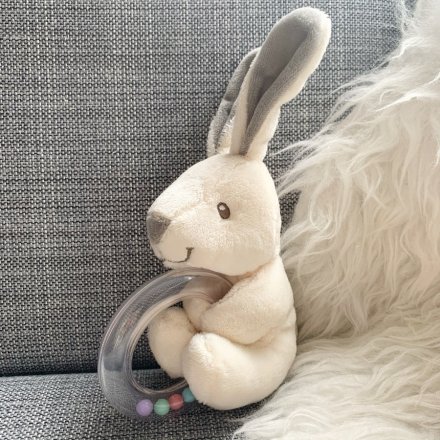 A neutral soft bunny from the Little Bunny range with attached teething ring.