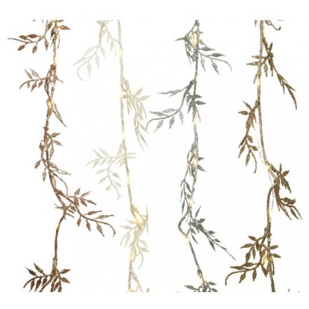 An assortment of glittery LED Branch Garlands in a Silver, Gold, Bronze and White Tone 