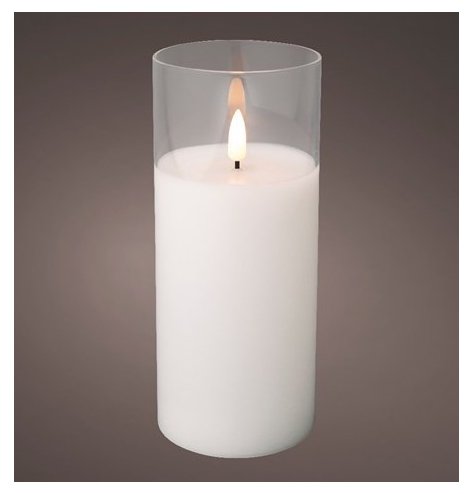 A cool and contemporary LED candle with a warm glow flickering light. Set in a simple and chic glass jar.
