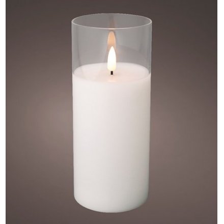An LED operated Wax Candle set within a sleek clear glass tube 