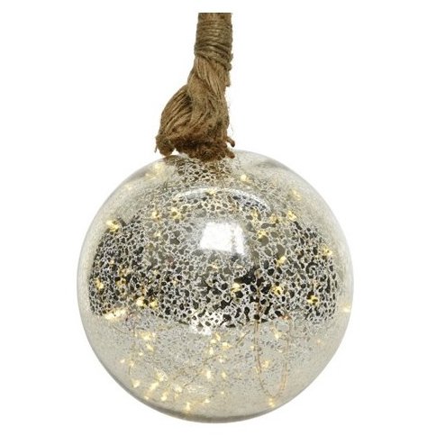 A stylish glass bauble with a vintage inspired mottled finish. Filled with micro LED lights and complete with rope