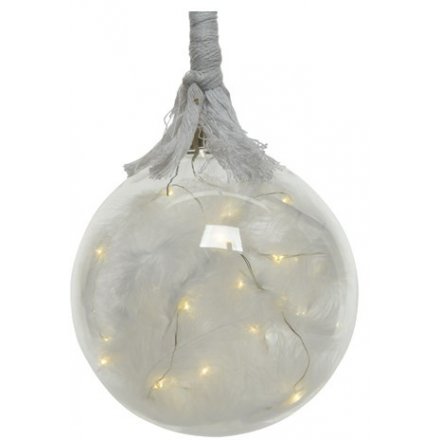 LED Feather Filled Glass Bauble, 12cm 