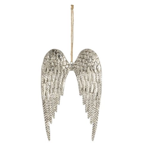 A distressed inspired hanging metal angel wing decoration with a tarnished silver tone 