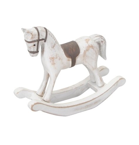 A rustic inspired white washed rocking horse decoration with a neutral toned saddle 