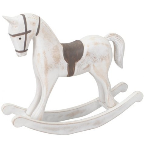 A rustic inspired white washed rocking horse decoration with a neutral toned saddle 