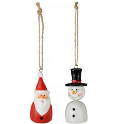 An assortment of festive hanging Snowman and Santa decorations with added rustic touches and long string hangers 