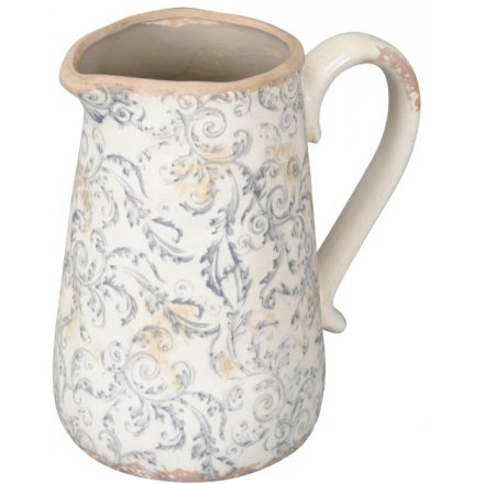 Decorative Stoneware Jug With Floral Decal, 23cm 