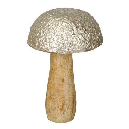 Wooden Mushroom With Silver Cap, 15cm 
