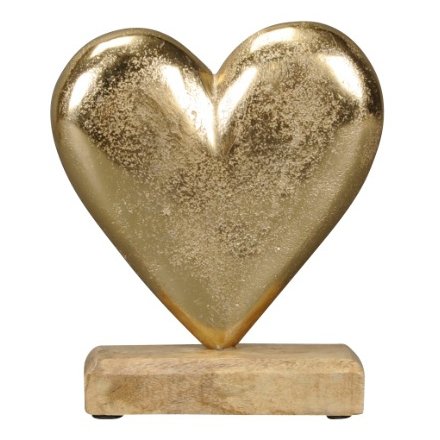 Gold Metal Heart On Block, 12cm 