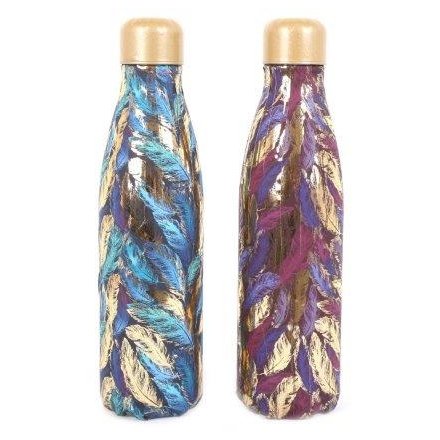 Purple & Blue Feather Water Bottles, 500ml 