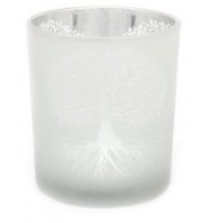 A luxurious t-light candle holder with a frosted effect and Tree Of Life decal.