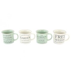 A quirky mix of handy mugs, each decorated with its own gardening inspired texts 
