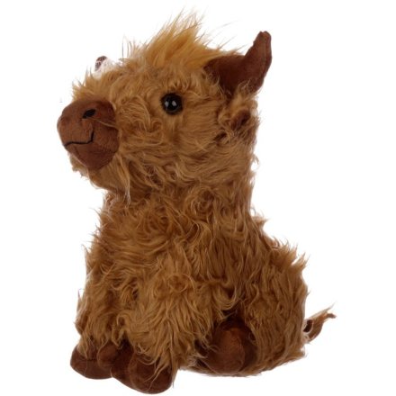 A cute little highland cow doorstop covered in a fuzzy faux fur trim