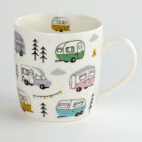 A cool and contemporary caravan mug in pastel colours, featuring varying caravan designs.