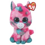 a pretty and colourful unicorn soft toy from the beanie boo range 