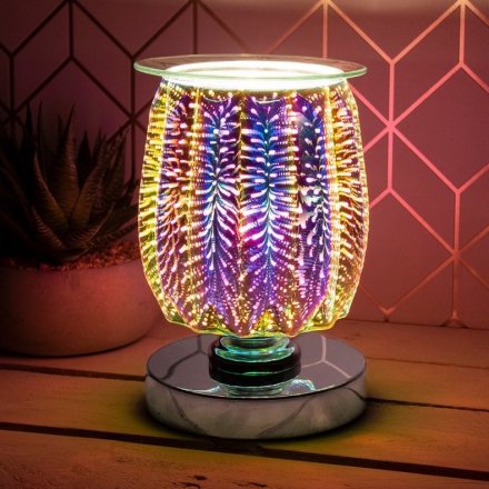 oil burner/wax melt lamp with dish, creating a 3-dimensional, multicoloured burst effect. 