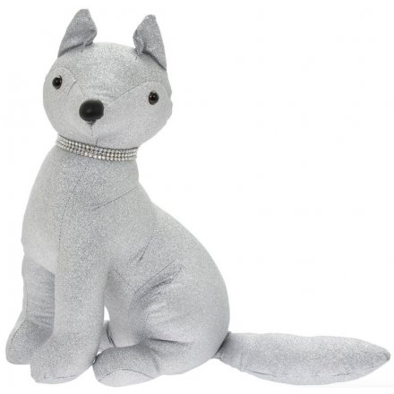 Sparkly Silver Bling Sitting Dog Doorstop 