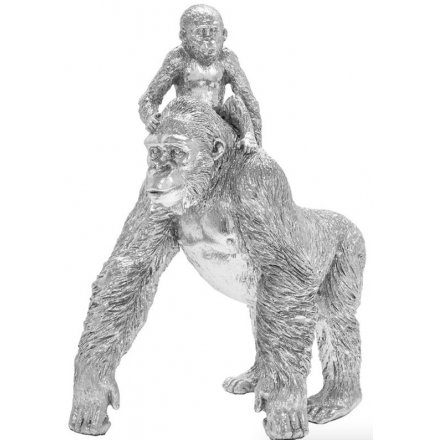 Silver Art Gorilla And Baby, 26cm 