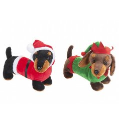 An assortment of festive dressed sausage dog soft toys 