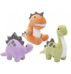 An assortment of 3 super soft dinosaur toys in a range of species and colours.