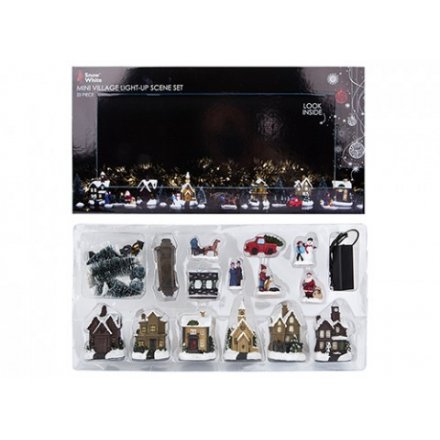 A set of 25 traditional Christmas decorations to create an enchanting village scene. Complete with light up houses.