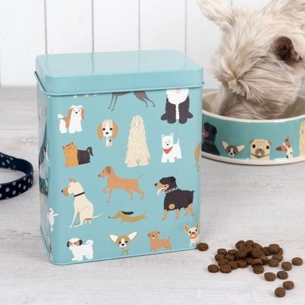 A colourful, cute and quirky dog food storage tin keeping food fresh. 