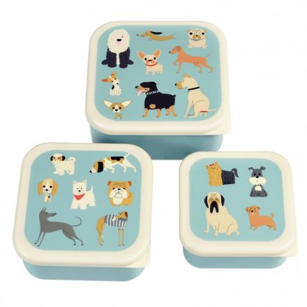 A light blue toned set of lunch boxes in various sizes that conveniently store in one with a quirky dog doodle print on 