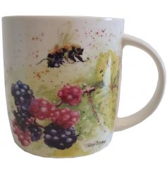 A fine china mug featuring a beautiful watercolour inspired berry and bee decal 