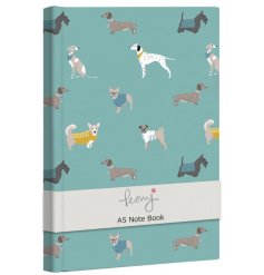  A blue toned hardback notebook decorated with an array of dog breeds design 